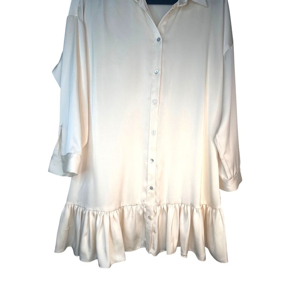 ZARA Cream Medium Satin Button-Up Drop Sleeve Ruffle Hem Shirt Dress - Picture 8 of 14